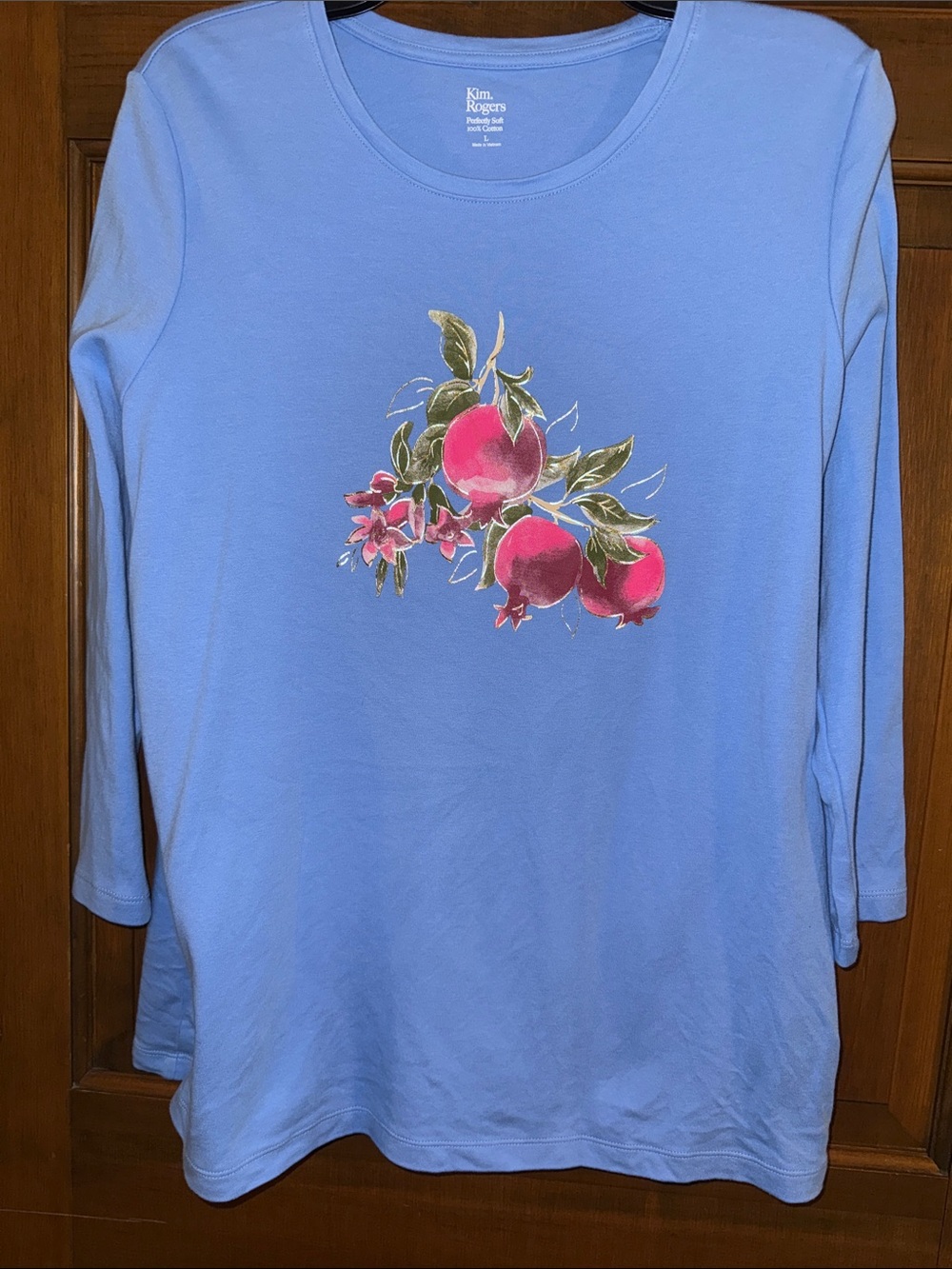 Kim Rogers L blue top with pink Pomegranate shimmering gold accent design